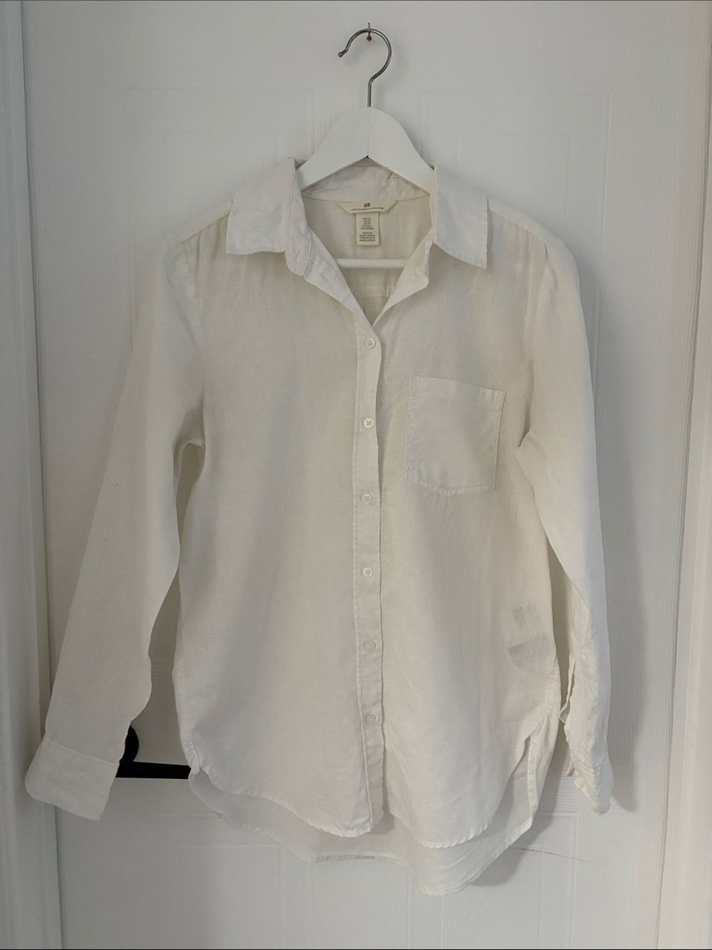 H&M White Long-Sleeve Linden Blend Button Front Shirt